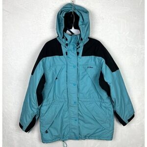 Vintage LL Bean Parka Jacket Womens Large Blue Black Hooded Winter Ski Snow